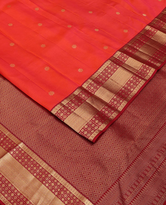 Red zari buttas silk saree, contrast jaal pallu & border of cross kamalam,puli nagam,poun,chakra & then kuli kann