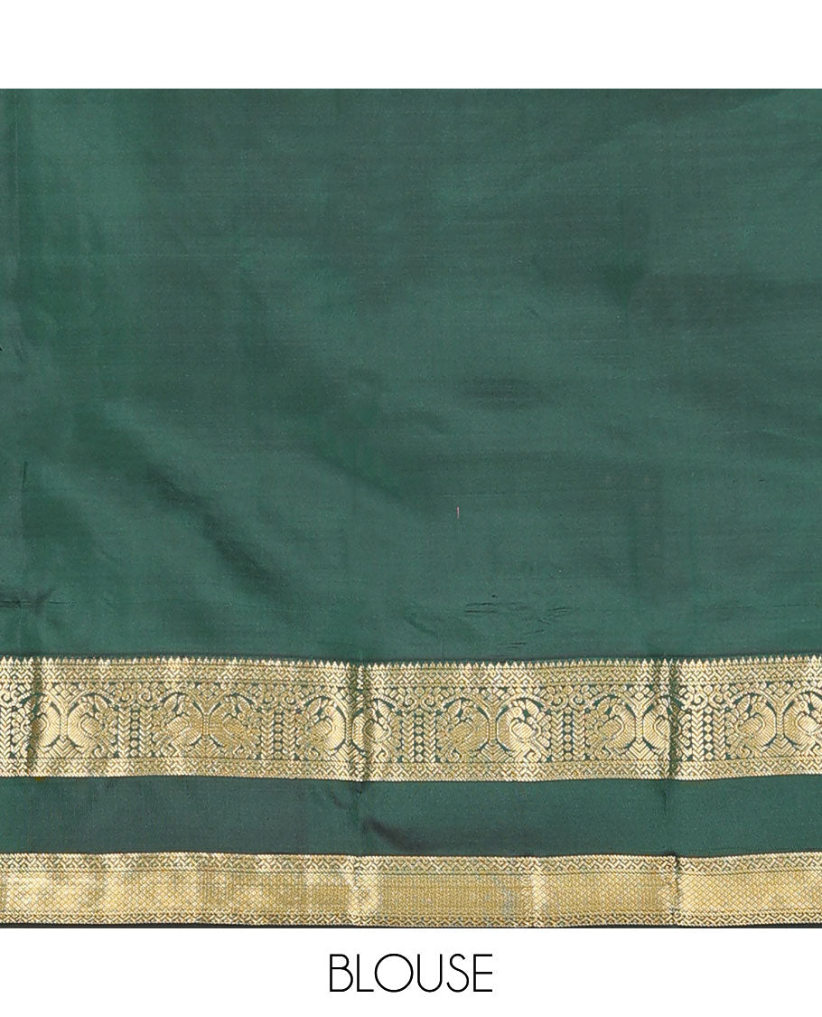 Blue manga buttas silk saree, contrast rettai pettu border of rekku,neli,mayil,banaras & mayil kann & jaal pallu