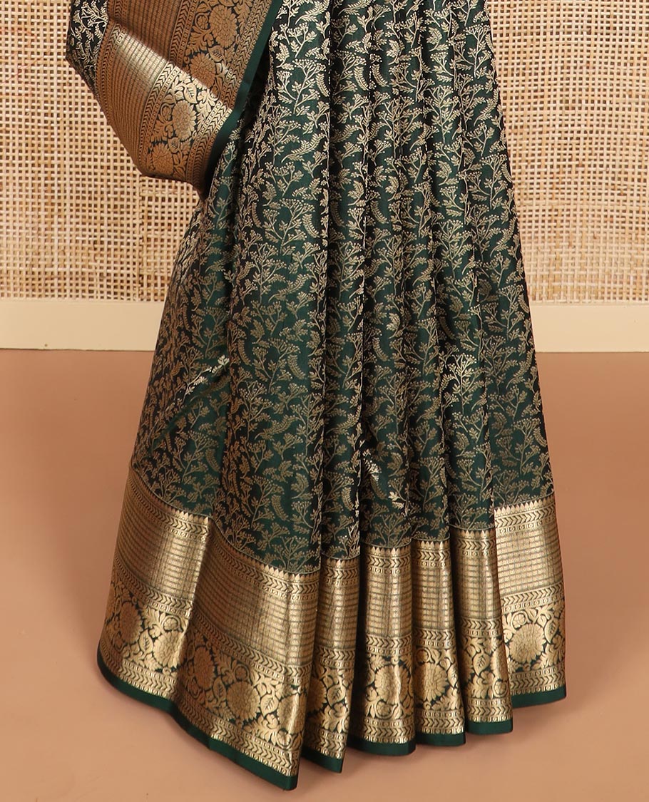 Dark green floral jaal design kancheepuram silk saree with self border of thilakam mokku, kathir, kodi visiry design & zari design pallu