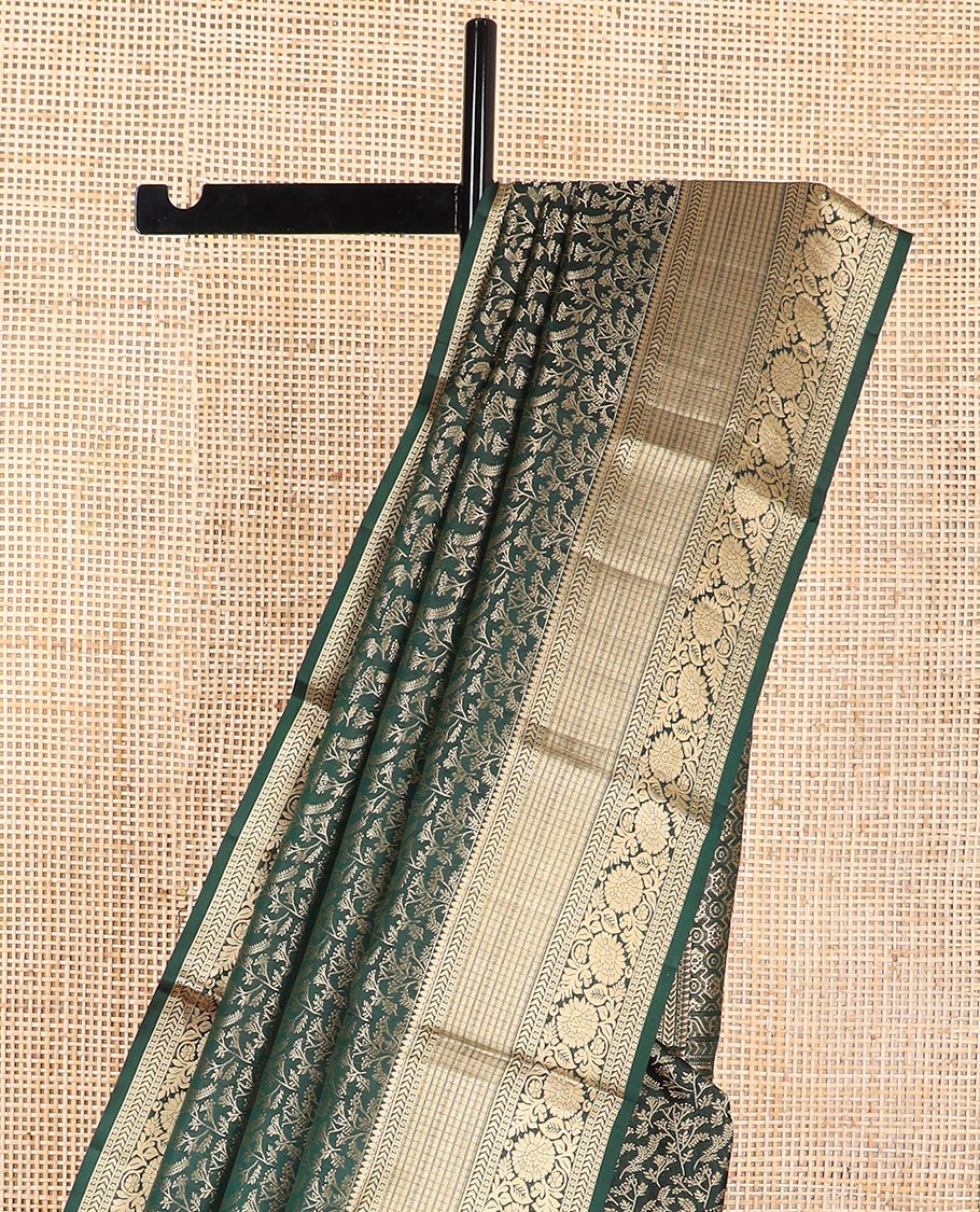 Dark green floral jaal design kancheepuram silk saree with self border of thilakam mokku, kathir, kodi visiry design & zari design pallu