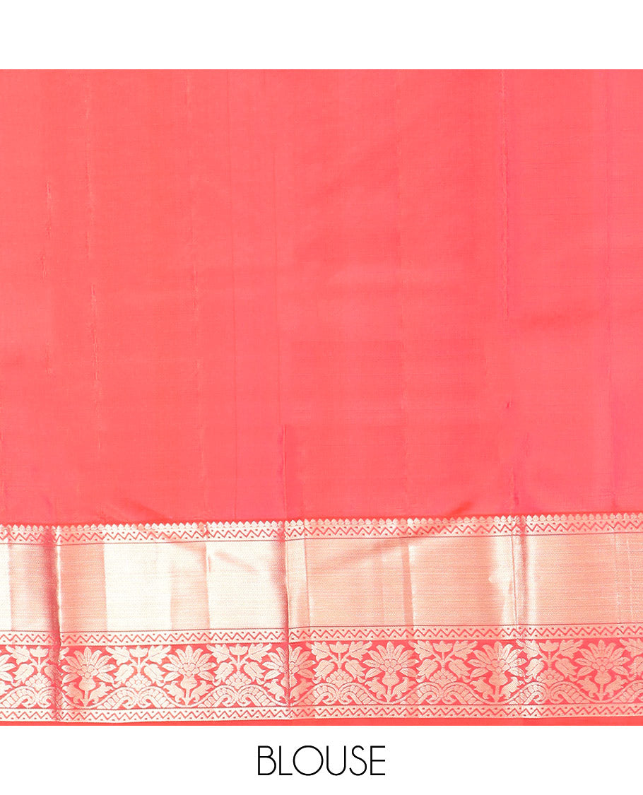 Red Kanchipuram Silk Saree Majestically Detailed with Floral Jacquard Design, Highlighted with Zari Border of Thilakam, Neli, and Floral Designs, Impeccably Designed Pallu of Floral-Geometric Designs, and Paired with a Matching Blouse
