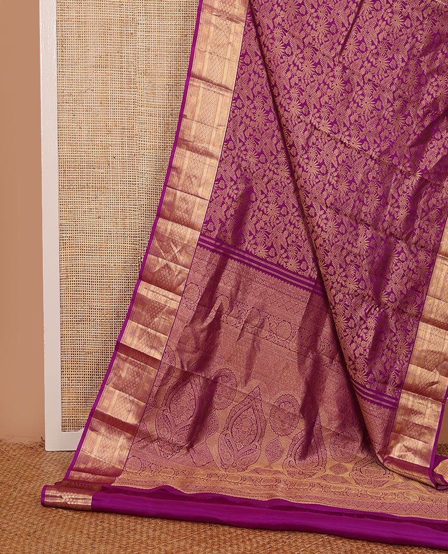Rani pink jacquard wedding silk saree, zari border of geometric patterns & pallu of zari woven paisley designs