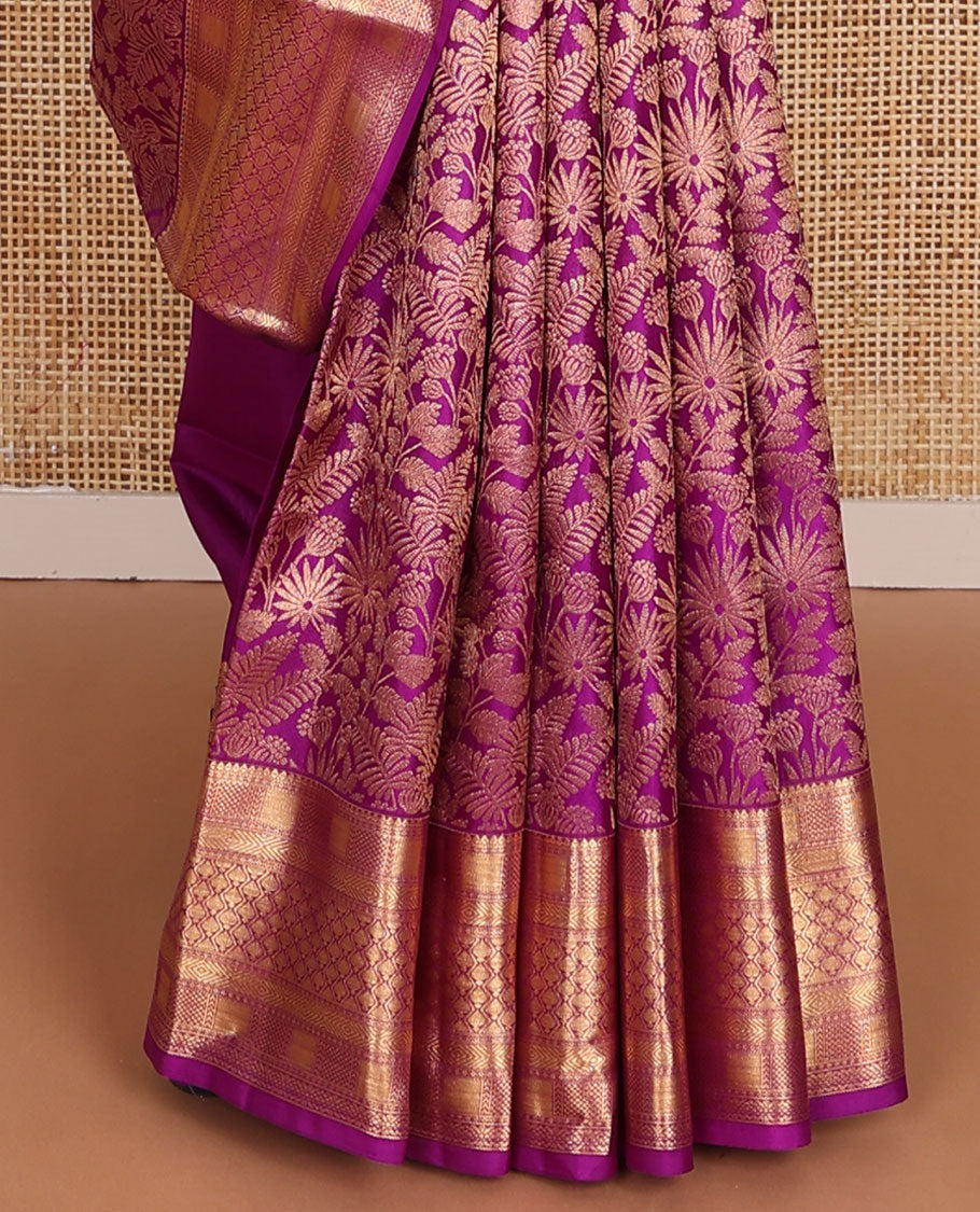 Rani pink jacquard wedding silk saree, zari border of geometric patterns & pallu of zari woven paisley designs