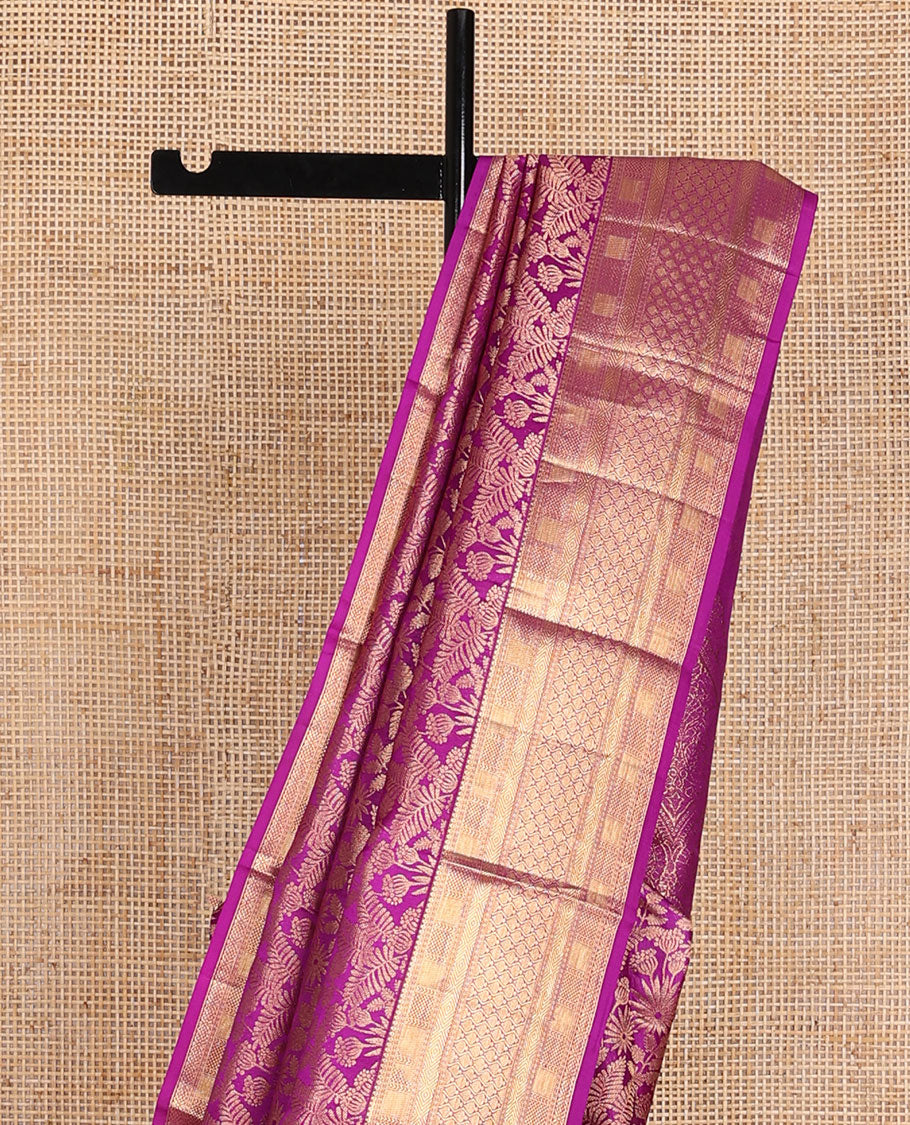 Rani pink jacquard wedding silk saree, zari border of geometric patterns & pallu of zari woven paisley designs