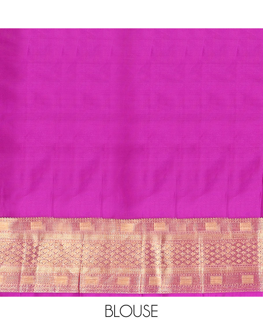 Rani pink jacquard wedding silk saree, zari border of geometric patterns & pallu of zari woven paisley designs