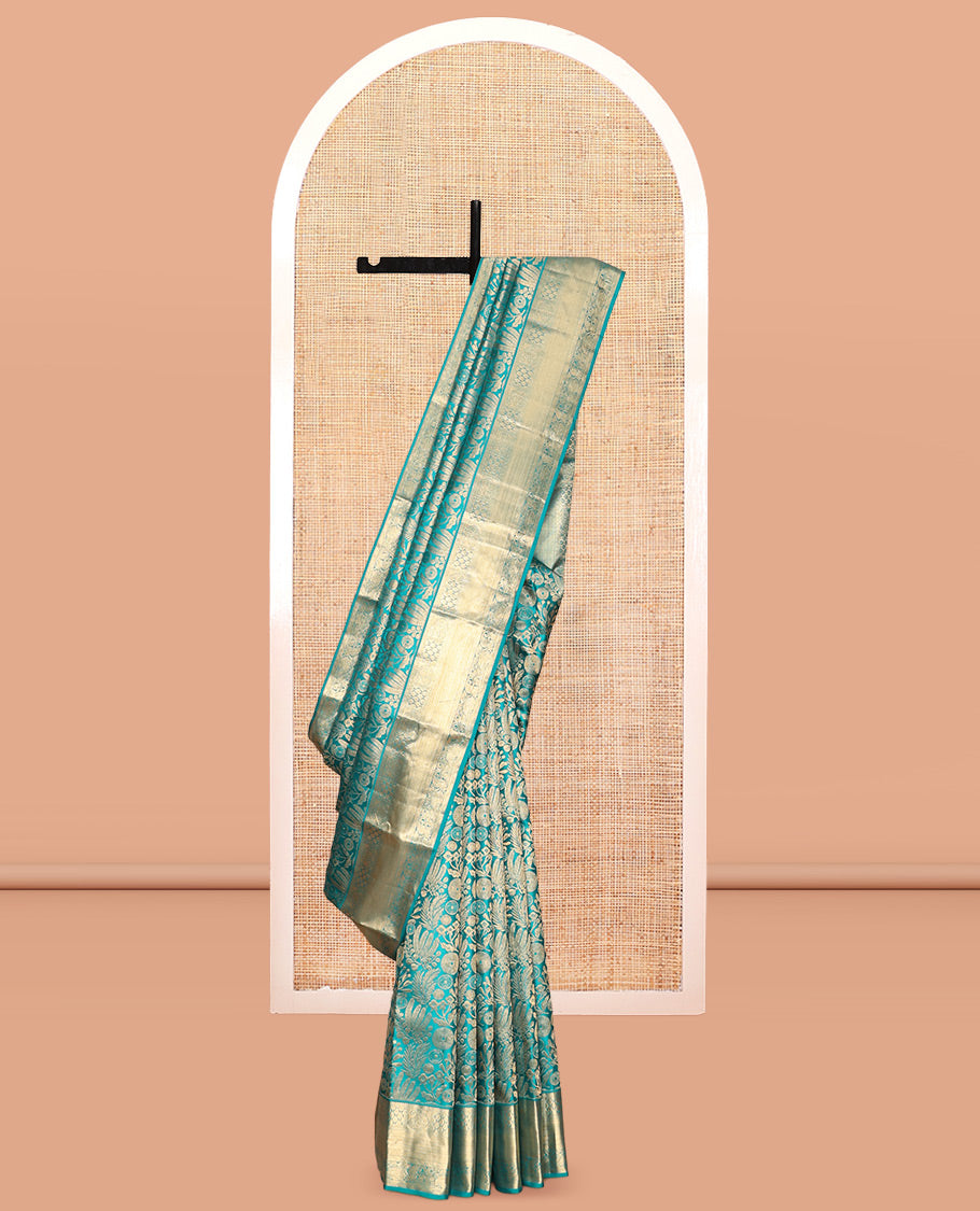 Blue Kanchipuram Wedding Silk Saree, Embellished with Jacquard Design, a Zari Border of Manga and Kodi Visiry Designs, Grand Pallu, and a Matching Blouse