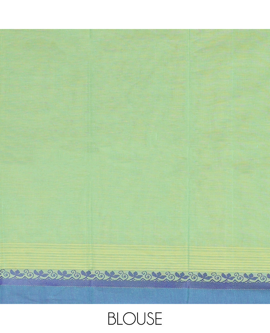 Blue Kanchi Cotton Saree, Elevated with Buttas on Its Body, Complemented by Contrast Border, a Pallu of Geometric-Paisley Designs, and Paired with a Matching Blouse