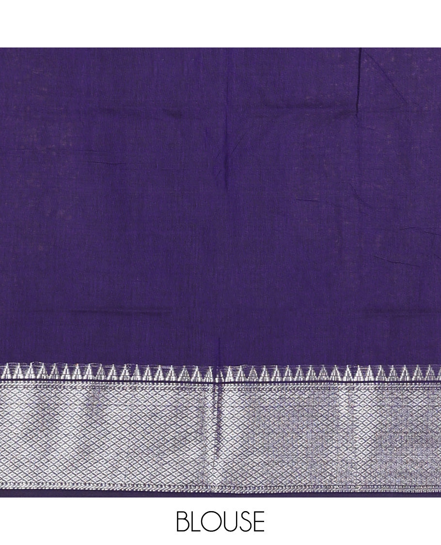 Ink blue cotton half-saree, plain with traditional zari bordered skirt, matching blouse, and contrast zari border dhavani