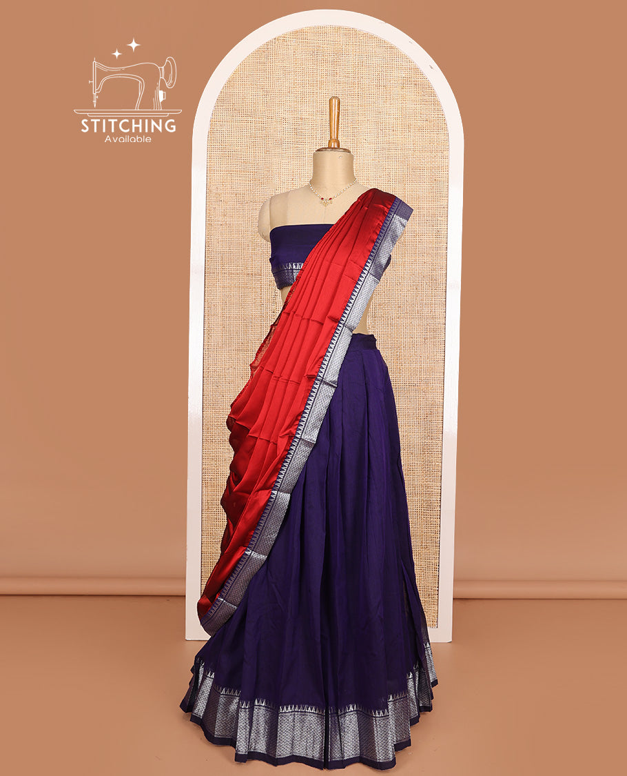 Ink blue cotton half-saree, plain with traditional zari bordered skirt, matching blouse, and contrast zari border dhavani