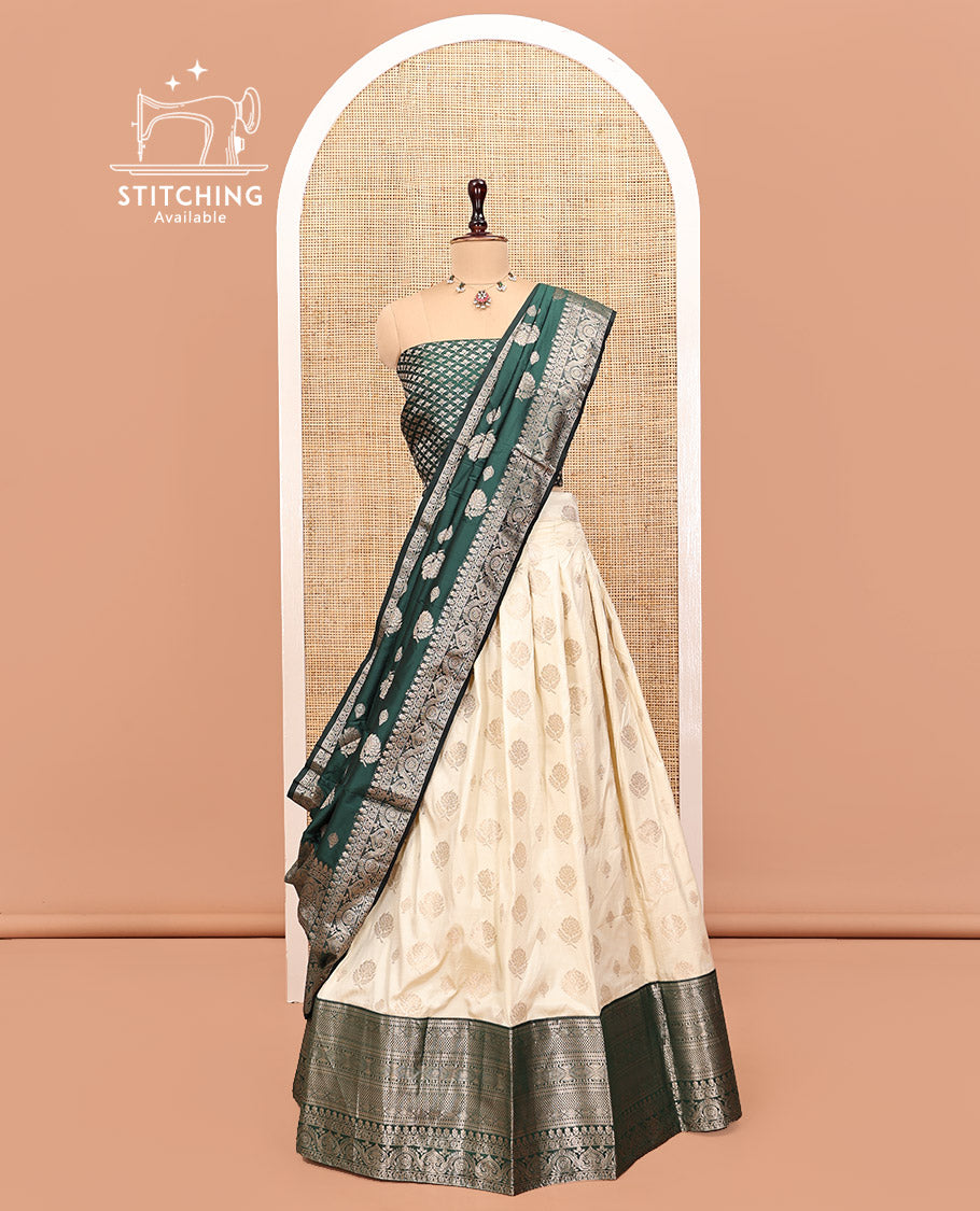 Cream-Green Art Silk Half Saree, Embellished with Zari Buttas Skirt, Contrast Traditional Border, Jacquard Blouse, and a Contrast Banaras Dhavani