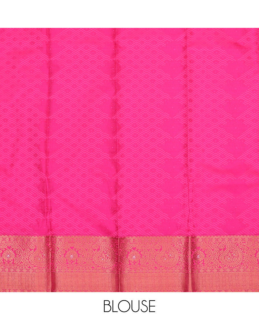 Pink art silk pavadai set, embossed, zari design with contrast traditional zari bordered skirt and a contrast zari design blouse