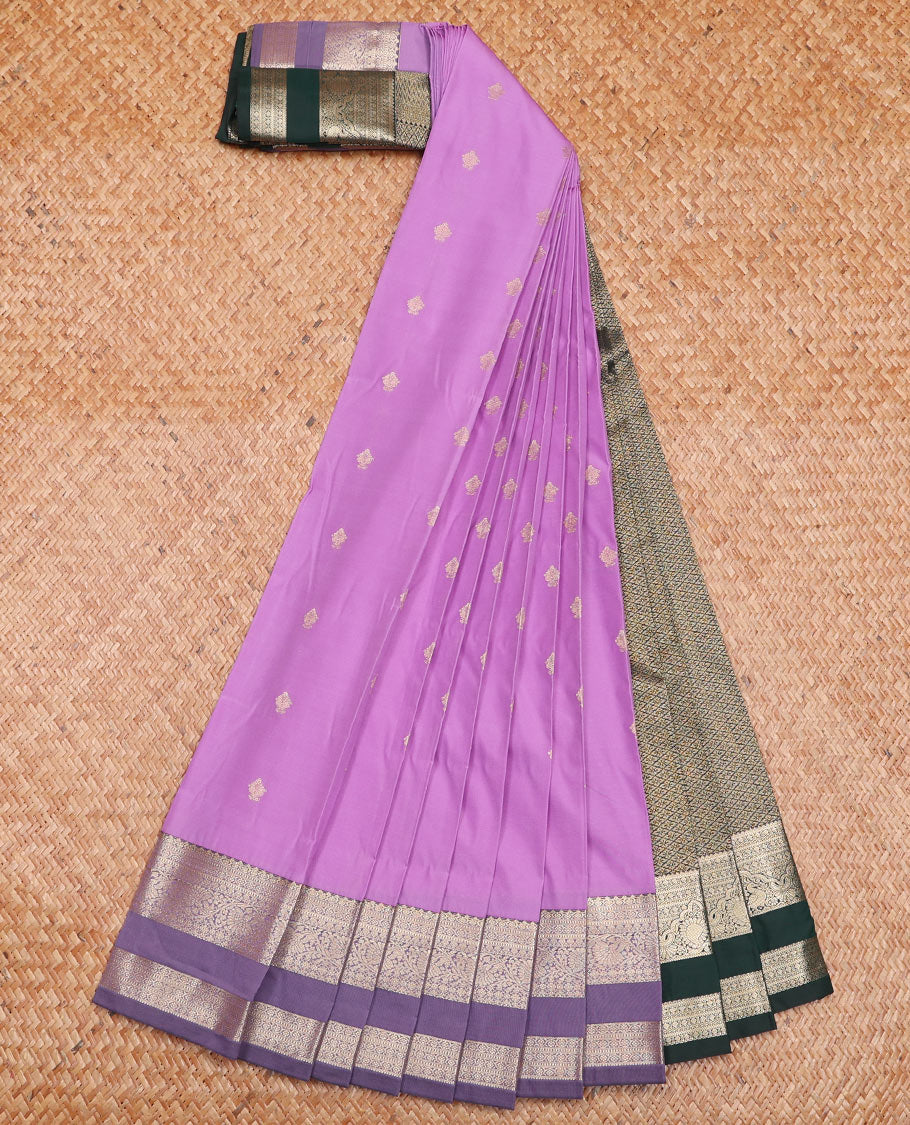 Pink Budget Silk Saree Ornamented with Zari Buttas, Featuring a Contrast Traditional Zari-Design Rettai Pettu Border, Jaal Pallu, and a Contrast Blouse