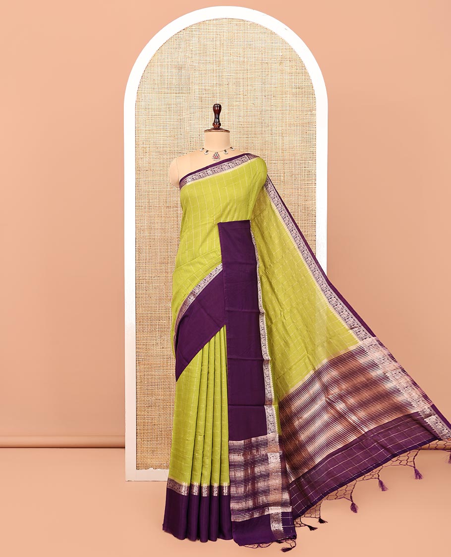 Green Assam Silk Saree, Subtly Sparkled with Checks, Complemented by a Contrast Bird Motifs Zari Border, Zari-Striped Pallu, and a Contrast Blouse