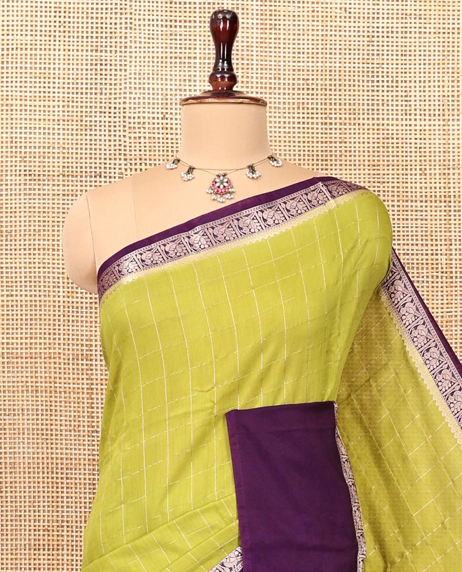 Green Assam Silk Saree, Subtly Sparkled with Checks, Complemented by a Contrast Bird Motifs Zari Border, Zari-Striped Pallu, and a Contrast Blouse