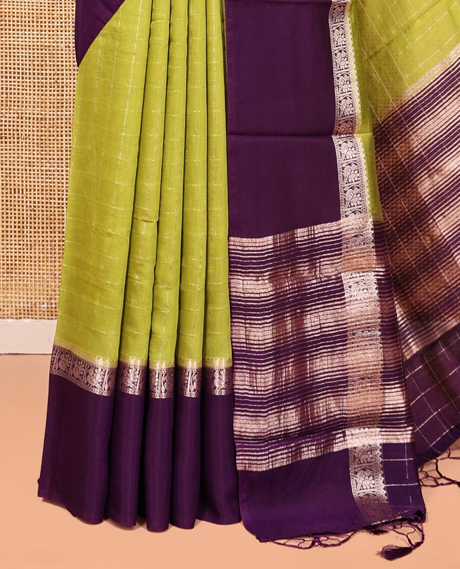 Green Assam Silk Saree, Subtly Sparkled with Checks, Complemented by a Contrast Bird Motifs Zari Border, Zari-Striped Pallu, and a Contrast Blouse