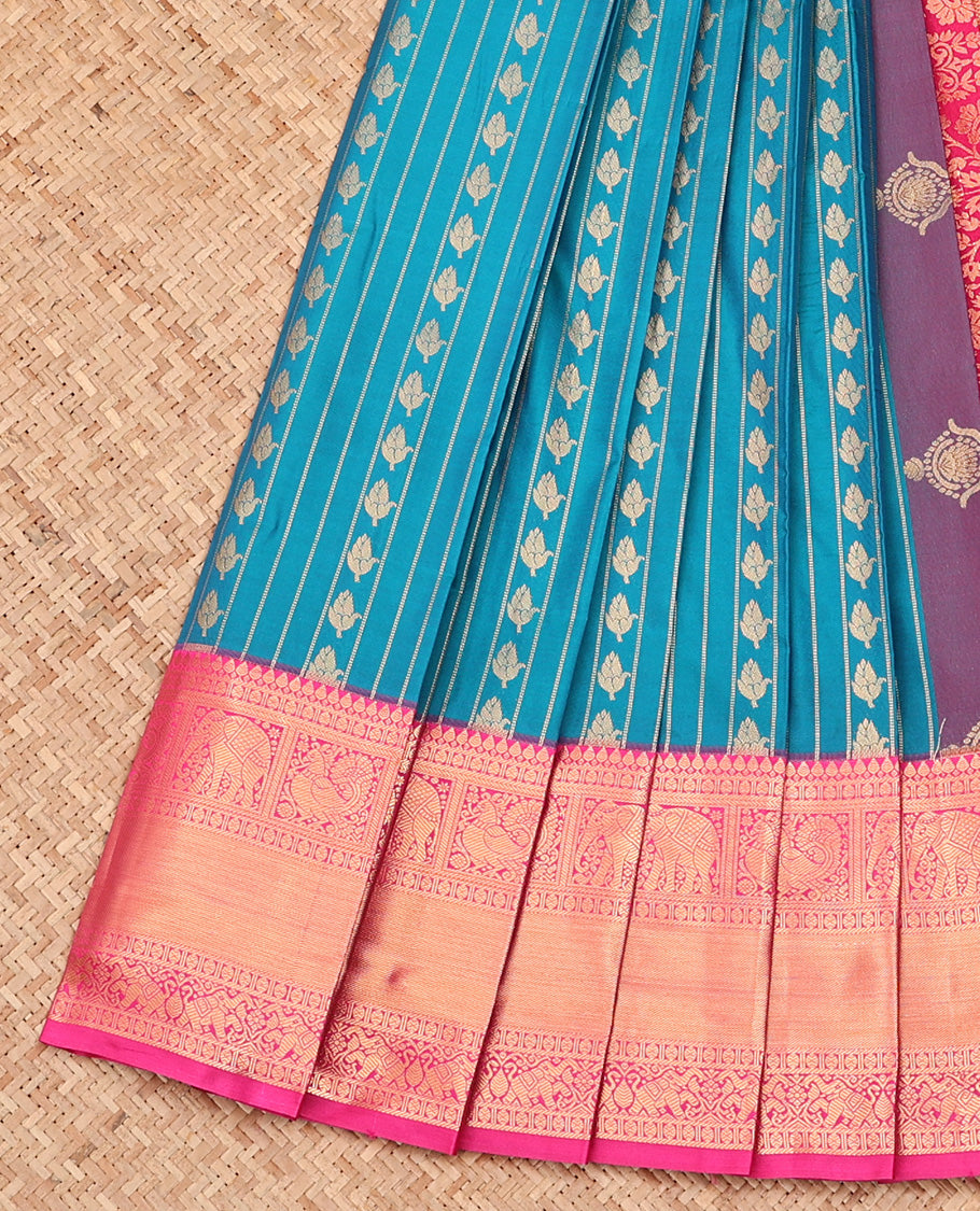 Blue Budget Silk Saree, Uniquely Woven with Zari Buttas and Stripes All Over Its Body, Complemented by Contrast Traditional Zari Designs Woven Border, Intricately Zari Decked Up Pallu and Paired with a Contrast Blouse