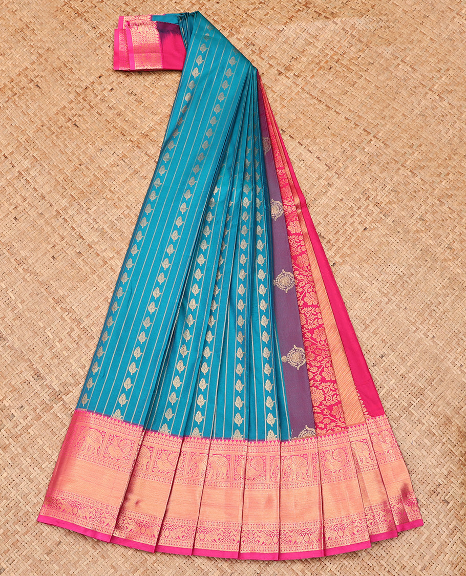 Blue Budget Silk Saree, Uniquely Woven with Zari Buttas and Stripes All Over Its Body, Complemented by Contrast Traditional Zari Designs Woven Border, Intricately Zari Decked Up Pallu and Paired with a Contrast Blouse