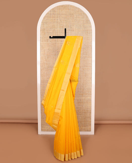 Orange leaf motifs chanderi cotton saree with contrast zari border & striped pallu