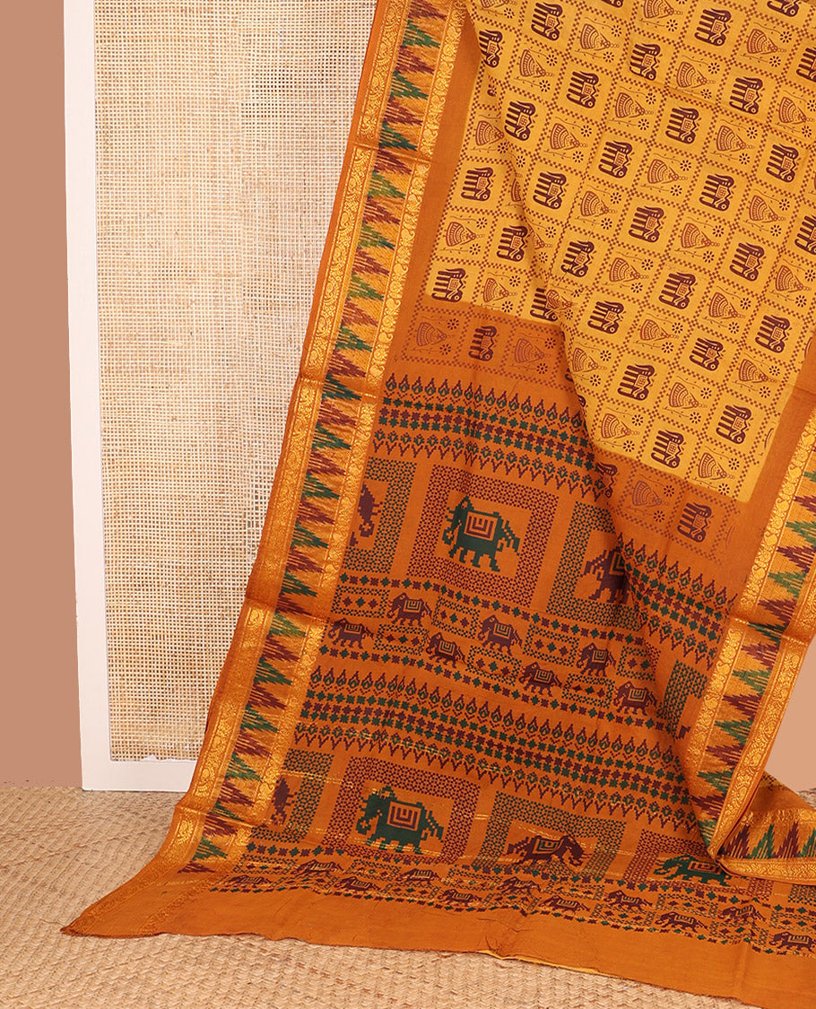 Mustrad Sungudi Cotton Saree Artfully Printed with Butta Enclosed Checks, Highlighted by Contrast Zari and Print Work Temple Border, and Pallu Printed with Patola Motifs