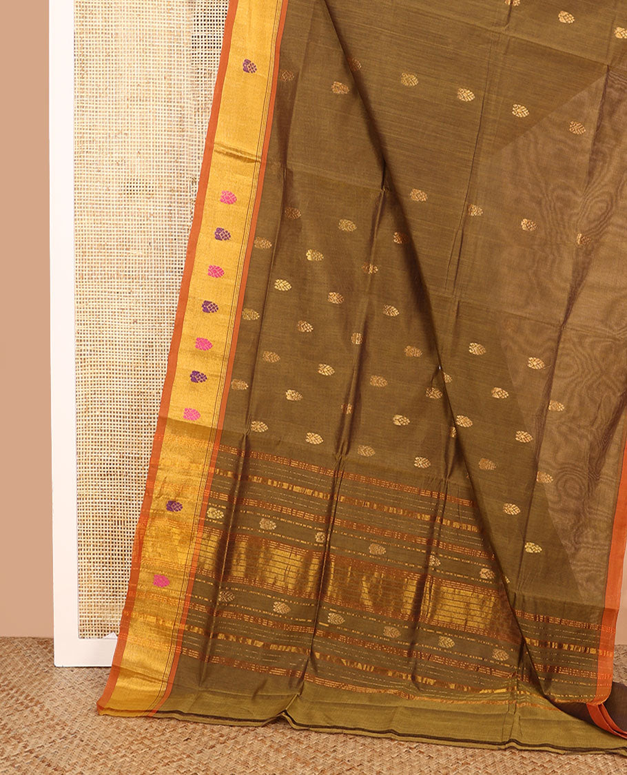 Brown zari buttas Venkatagiri cotton saree, contrast thread and zari border, and palu of zari designs