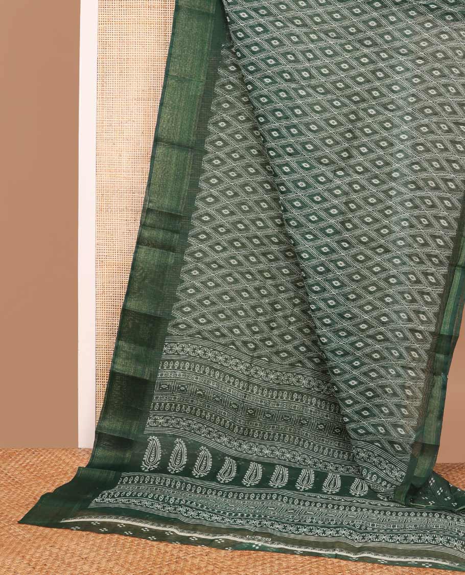 Dark green argyle design budget cotton saree with self zari border & floral design pallu