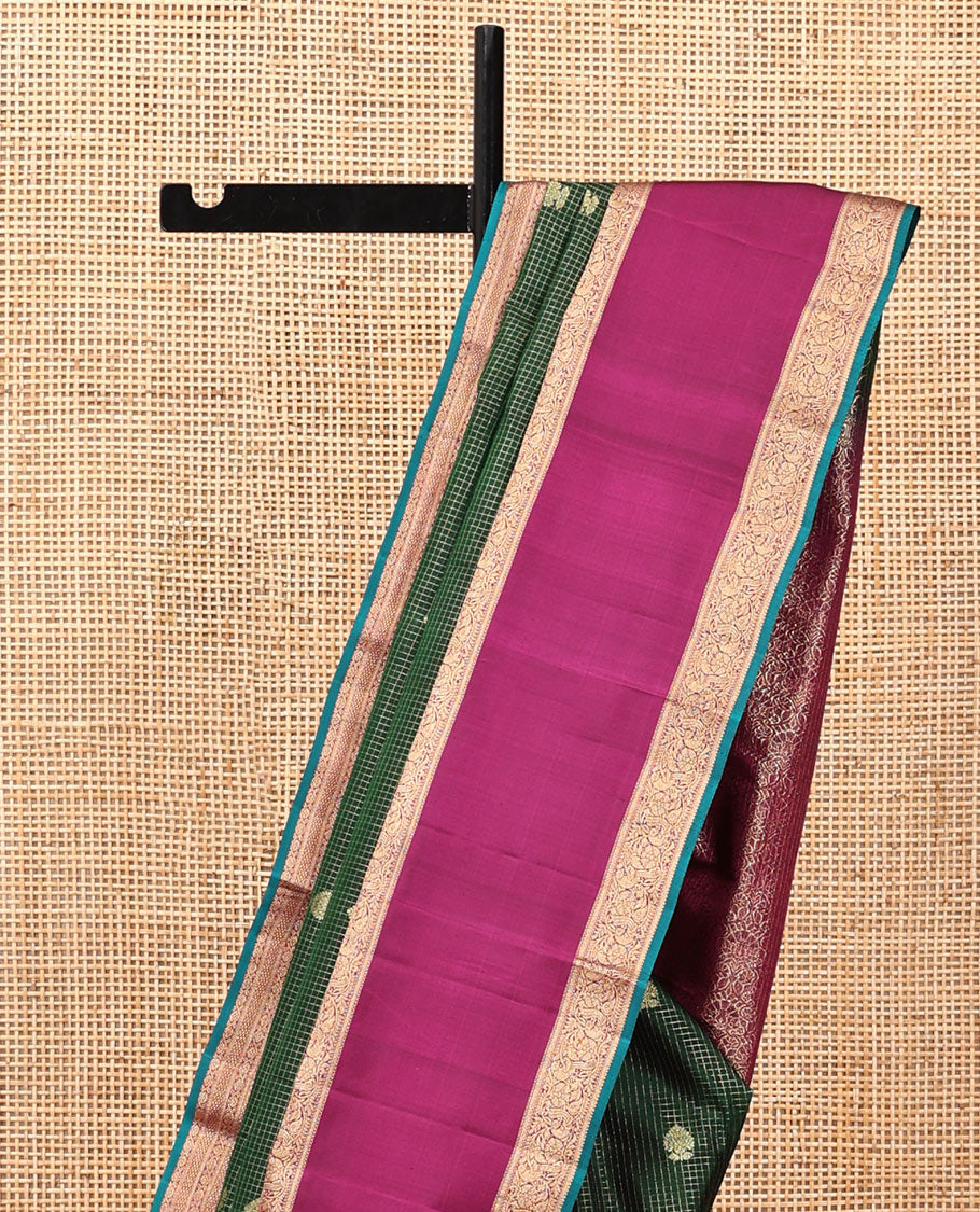 Dark Green-Magenta Vasundhara Silk Saree Features Zari Buttas and Checks,Contrast Thazampoo Rekku Rettai Pettu Mayil Border, Grand Pallu, and Contrast Blouse