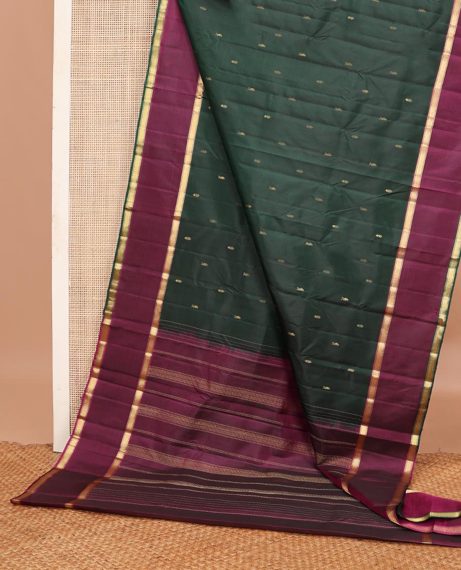 Green zari buttas Kanchipuram silk saree, contrast rettai pettu border of muthu designs, and pallu of muthu designs