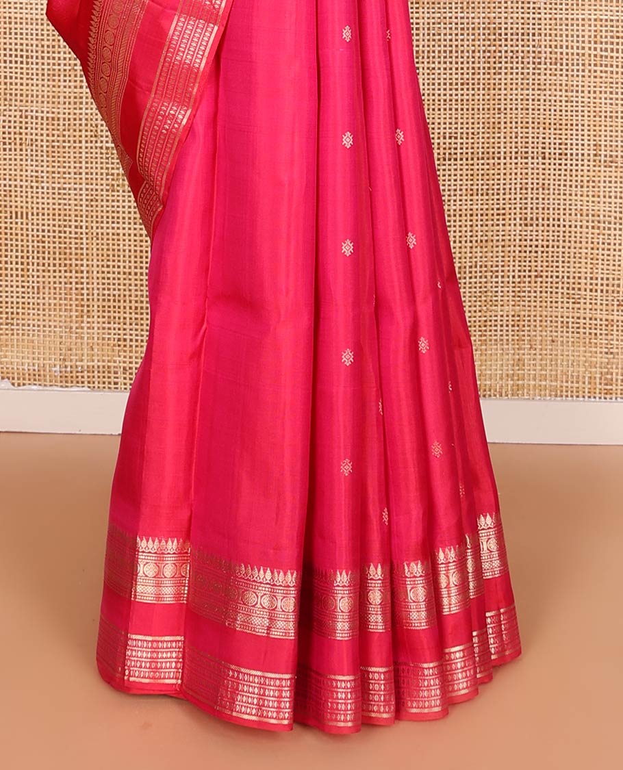 Red zari buttas soft silk saree, rettai pettu border and pallu adorned with traditional zari designs