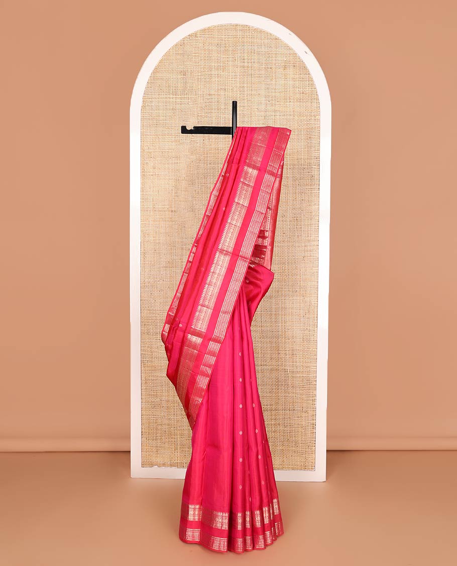 Red zari buttas soft silk saree, rettai pettu border and pallu adorned with traditional zari designs