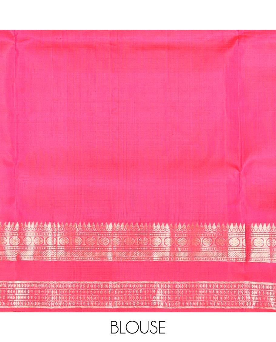 Red zari buttas soft silk saree, rettai pettu border and pallu adorned with traditional zari designs