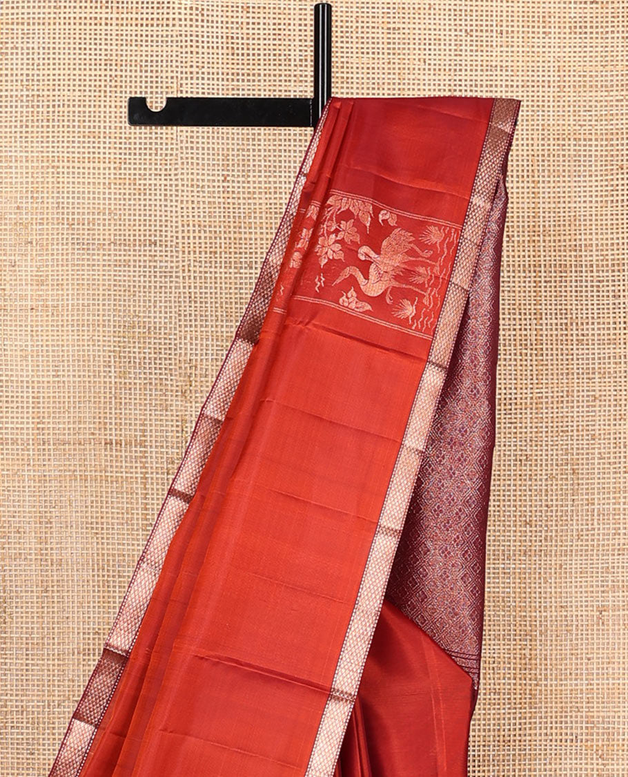 Rust orange bird and floral buttas zari woven soft silk saree, contrast kuyil kann border, and jaal pallu