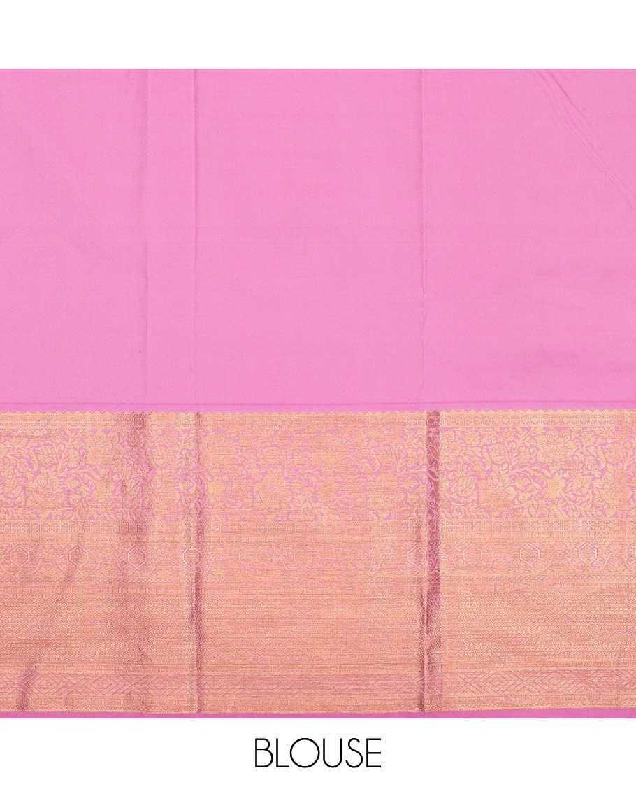 Green pure-silk half saree, jaal jacquard with contrast traditional zari bordered skirt, blouse of rekku, paisa, banaras, rekku, diamond, and then kuli kann, and intricate dhavani