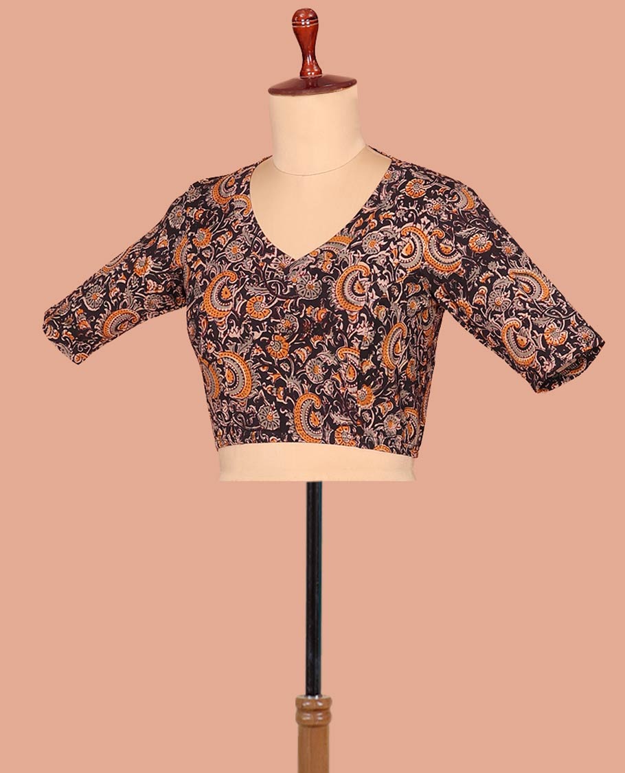 Black Cotton Readymade Blouse Enthralled with All-Over Floral and Paisley Theme Print, Featuring a Front Leaf-Neck, a Closed Back Neck, and Elbow Sleeves