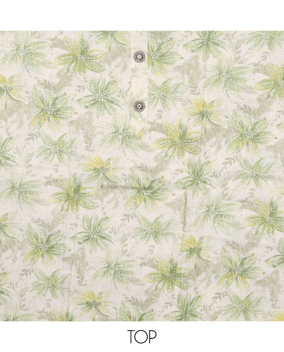 Green material churidar set, sunflower motifs printed with button stitched cotton top, contrast chevron printed cotton bottom, and textured chanderi dupatta of sequins stripes