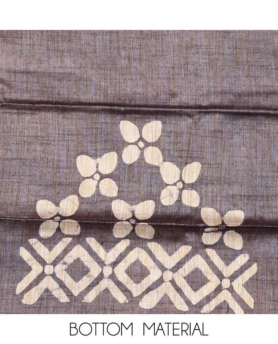 Yellow material chudidar set, batik style printed with neck embroidered top, contrast plain bottom, and batik printed dupatta