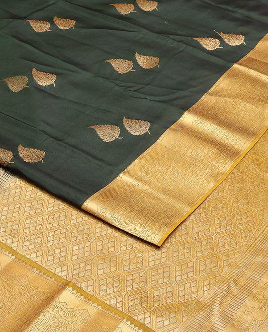 Green leaf zari buttas vasundhara silk mix saree, contrast border of rekku,muthu & manga design & zari-rich jaal pallu