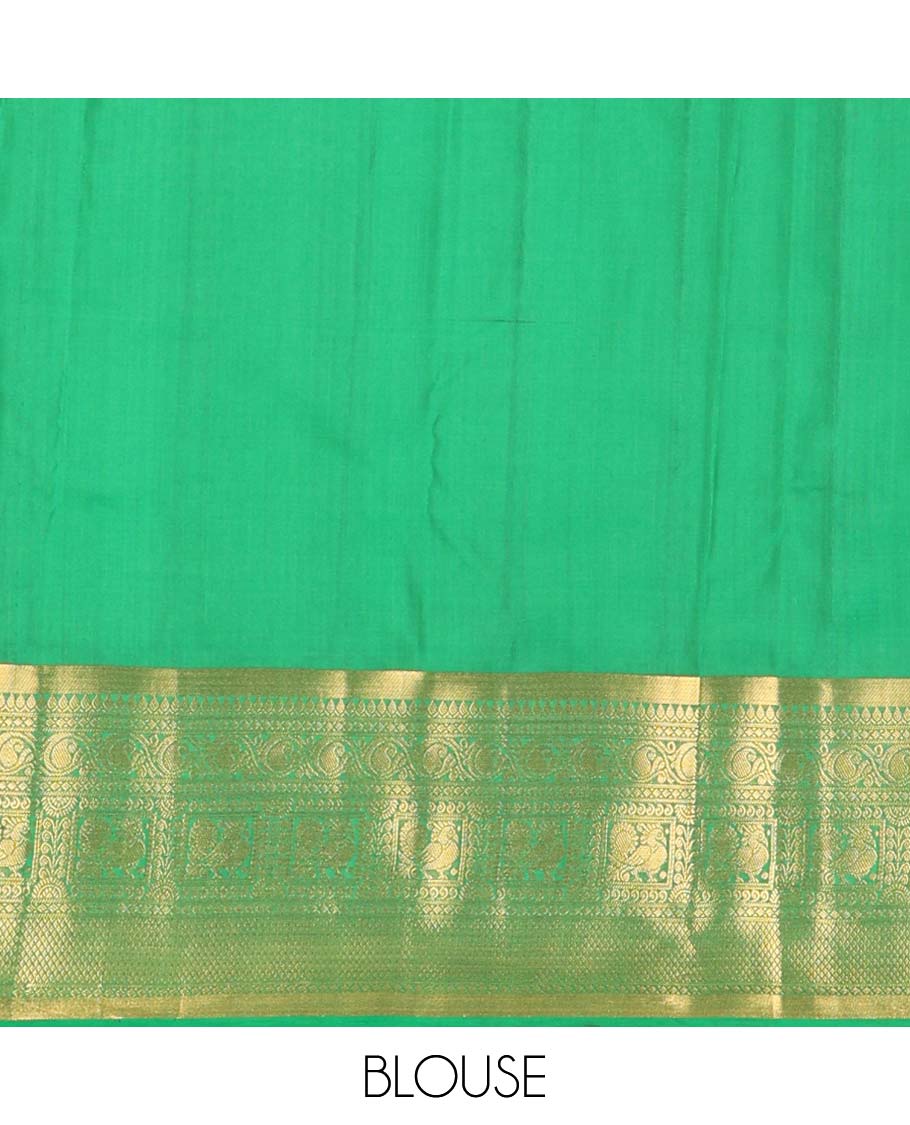 Green zari buttas Vasundhara silk mix saree, zari border of thilakam,diamond,manga, mayil chakram,yaanai, and mayil kann, and jaal pallu