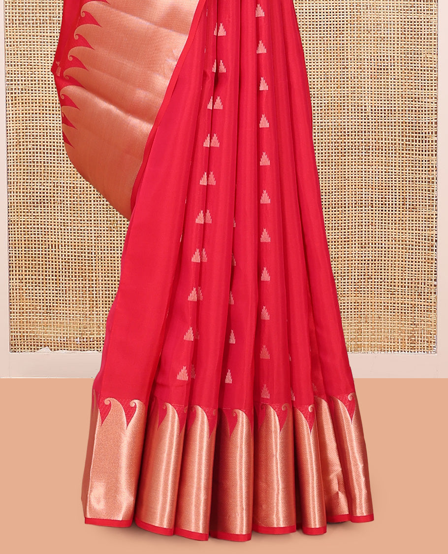 Red Vasundhara Lite Silk Mix Saree, Gleamed Up with Rekku Buttas, a Manga Zari Border, Grand Jaal Pallu, and a Matching Blouse