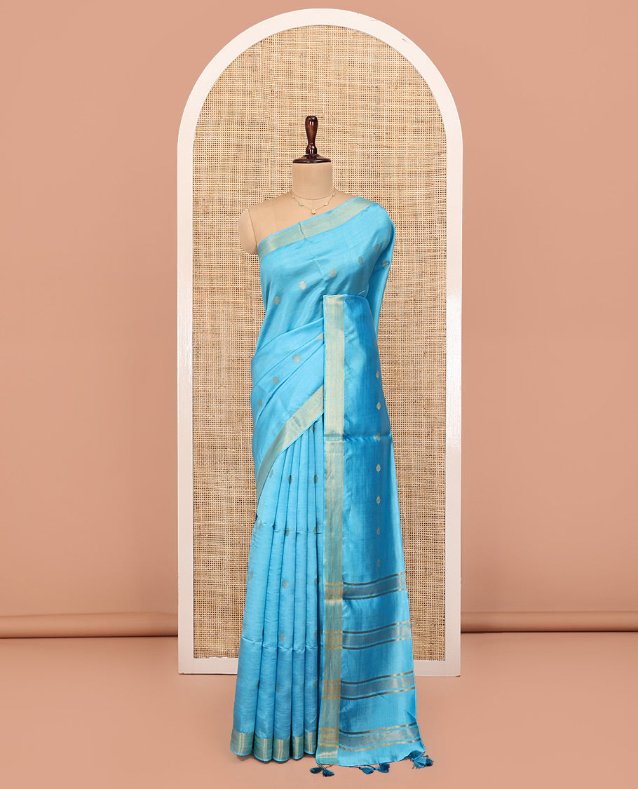 Blue Banana Pith Saree, Sparsely Woven with Buttas All Over Its Body, Subtle Self-Border, Pallu Steeped with Stripes, and Paired with a Matching Blouse