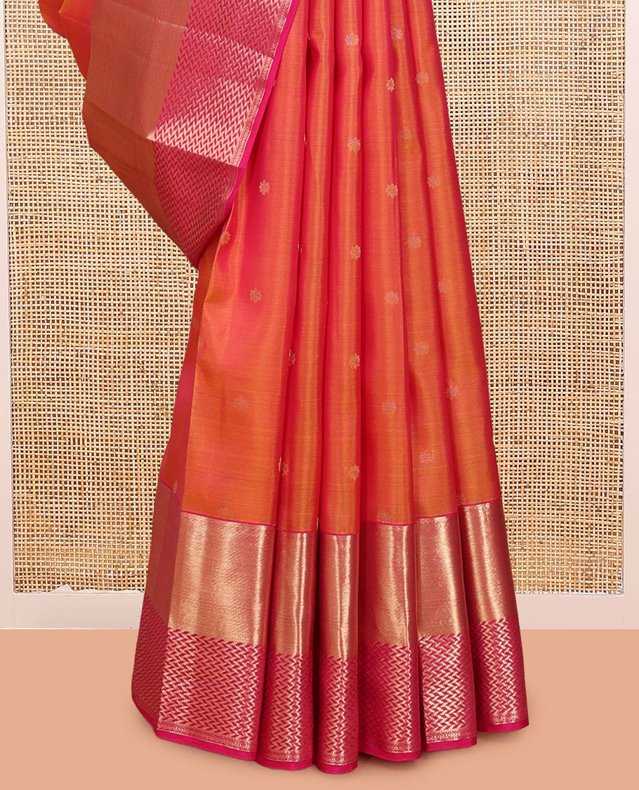Orange Vasundhara Silk Saree, Woven with Zari Buttas, a Contrast Geometric Patterned Border, Grand Jaal Pallu, and a Contrast Blouse