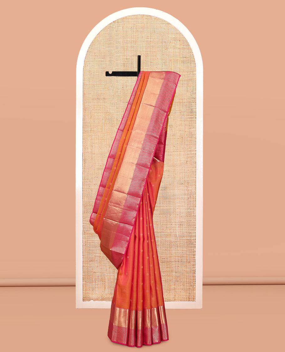 Orange Vasundhara Silk Saree, Woven with Zari Buttas, a Contrast Geometric Patterned Border, Grand Jaal Pallu, and a Contrast Blouse
