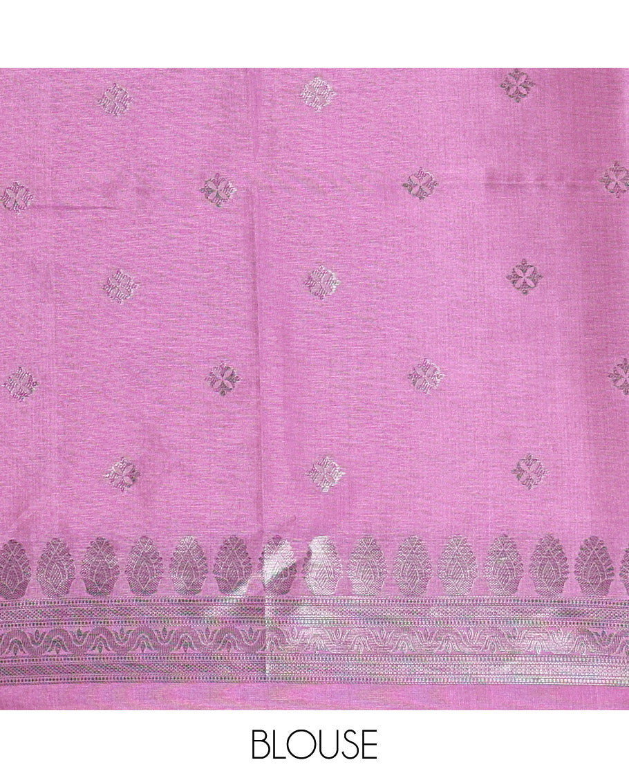 Borderless, pink striped, and zari traditional kanchi motifs fancy tussar saree, intricately zari-woven pallu, and a matching zari buttas woven blouse