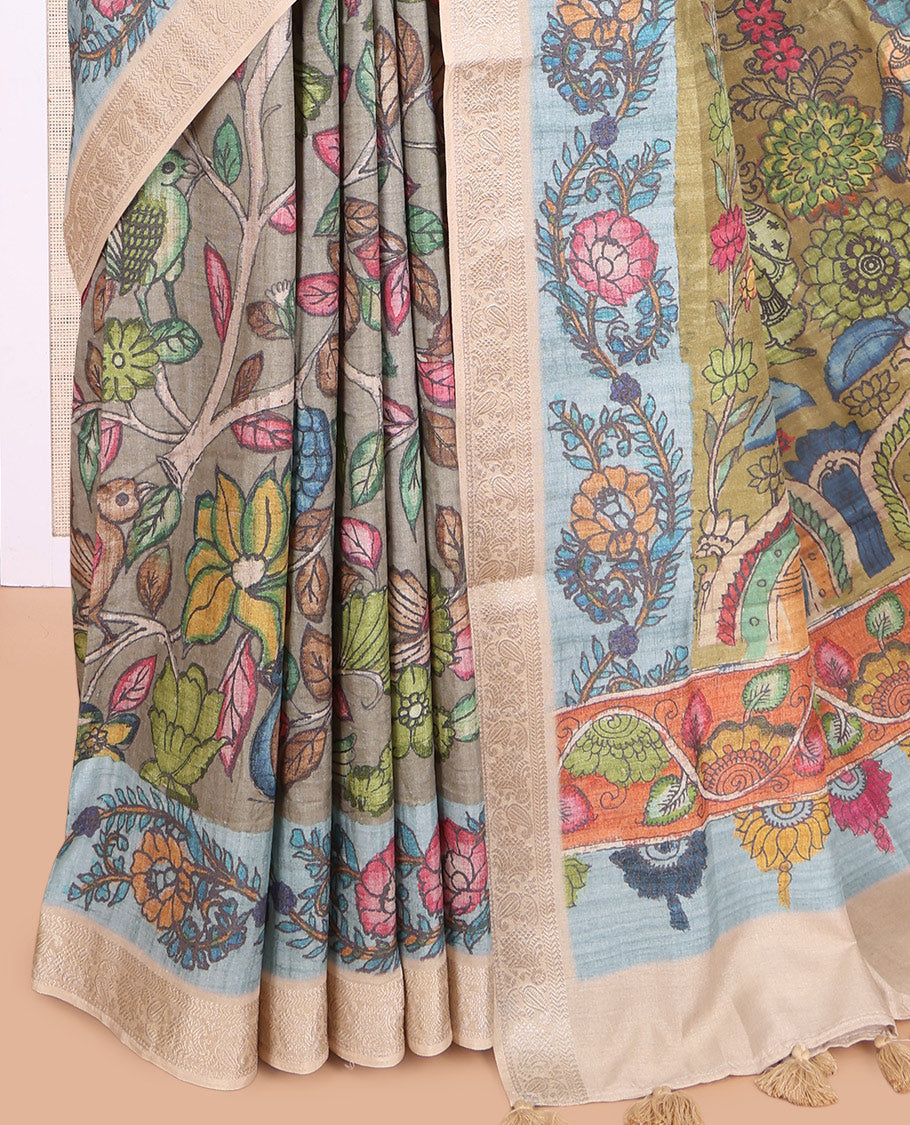 Grey Kalamkari Printed Fancy Tussar Saree
