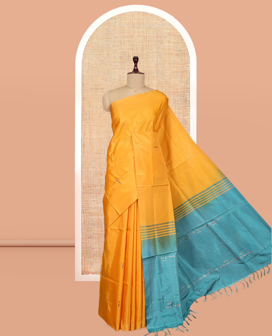 Borderless Yellow Banana Pith Saree, Woven with Buttas and Stripes, Complemented by a Contrast Pallu of Stripes and Buttas, and a Contrast Blouse