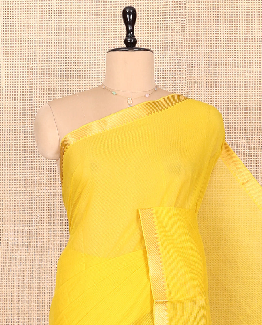 Yellow Plain Andhra Cotton Saree, Woven with Temple Zari Border, Contrast Striped Pallu, and a Contrast Blouse
