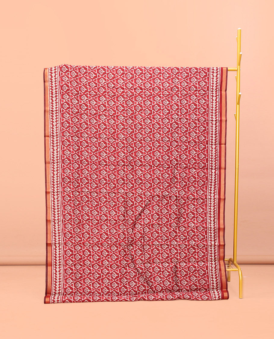 Red Kanchi Cotton Saree, Featuring Floral and Triangle Print All Over Its Body, a Subtle Border, Pallu of Floral Vine and Triangle Print, and Paired with a Contrast Blouse