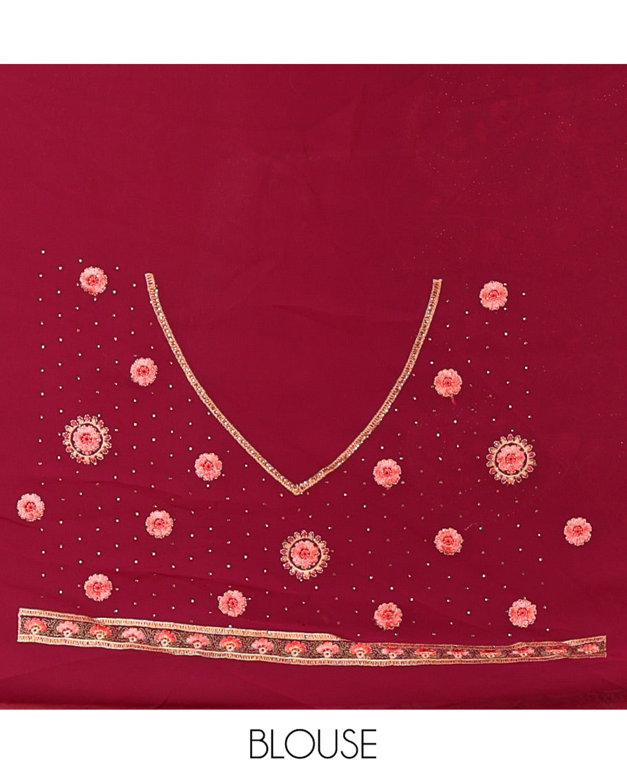 Wine Georgette Saree, Accentuated with Intricate Paisleys, Kashmir Embroidered and Stone Work on Its Body, a Self-Embroidered Border, and Paired with an Embroidered Blouse