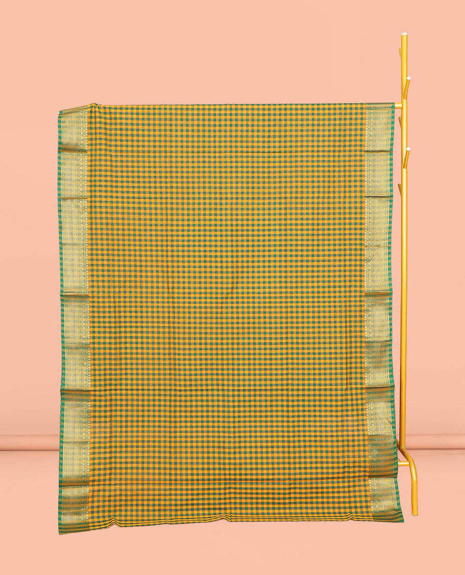 Yellow-Green Chettinad Cotton Saree, Accentuated with Micro-Checks, Highlighted by Traditional Zari Border, Striped Pallu, and No Blouse