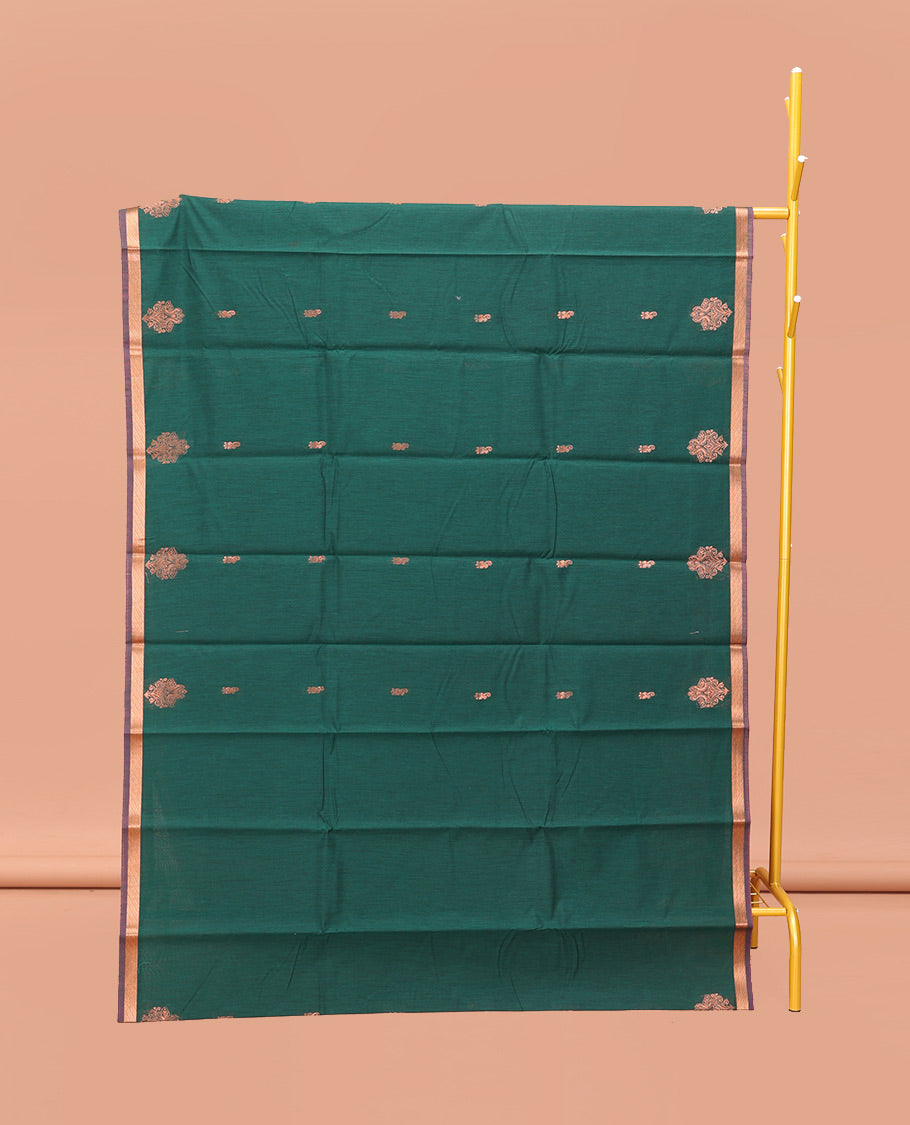 Bottle Green Semi-Silk Cotton Saree, Beautifully Bedecked with Zari Buttas All Over Its Body, a Subtle Piping Border, Complemented by a Contrast Pallu of Butta Enclosed Checked Designs, and Paired with a Contrast Blouse