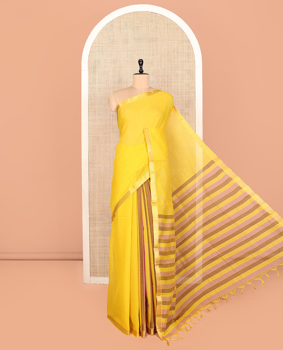 Yellow Plain Andhra Cotton Saree, Woven with Temple Zari Border, Contrast Striped Pallu, and a Contrast Blouse
